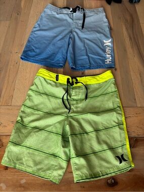 Hurley Blue Gradient & Lime Green Stripe boys Swim Shorts - Pack